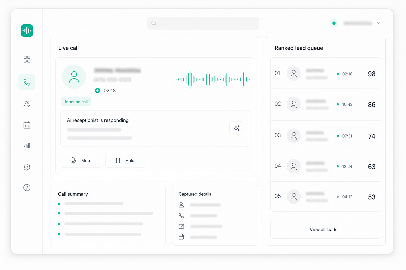 MeetIndi dashboard showing a live call and ranked lead queue.